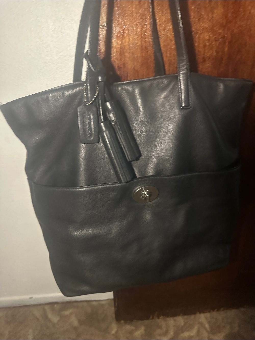 Coach Black Leather Turnlock Tote with Tag Charm